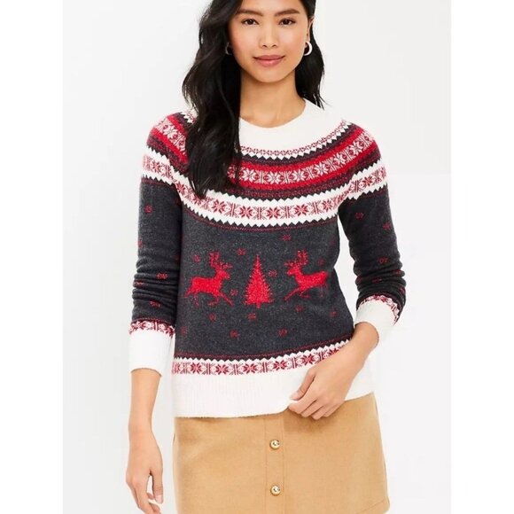 Loft Women’s Holiday Pullover Sweater Reindeer Fair Isle Petite Large Red Gray - Picture 2 of 12